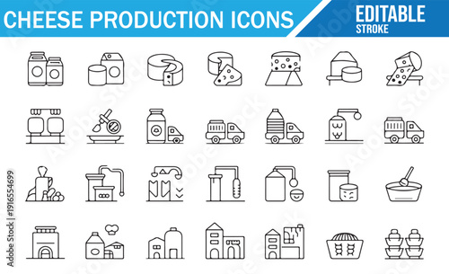 Editable stroke cheese factory icons collection