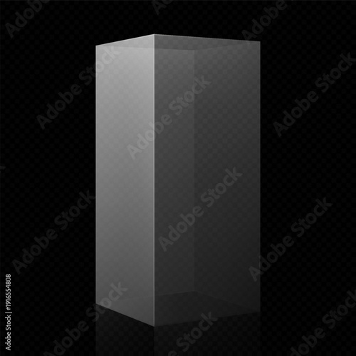A transparent glass rectangular display podium on a black isolated background.