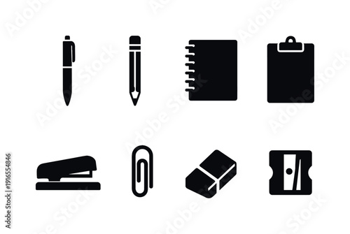 Office writing essentials: ballpoint pen, pencil, notebook, clipboard, stapler, paperclip, eraser, sharpener