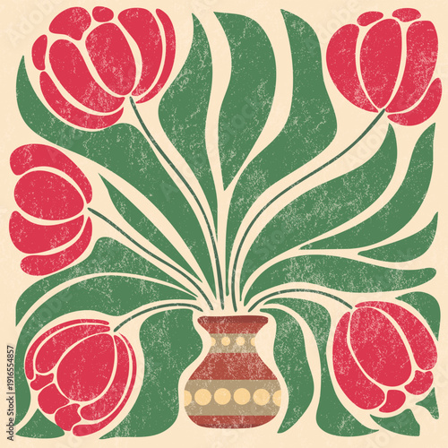 Artistic vector illustration of red tulips in a decorative vase with large green leaves. The grainy texture and vintage aesthetic in a retro groovy style make it perfect for modern wall art, floral po