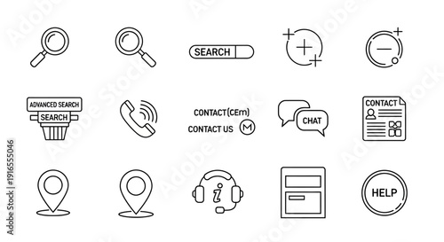 Set of search and contact line icons representing various actions related to finding information or reaching out for assistance