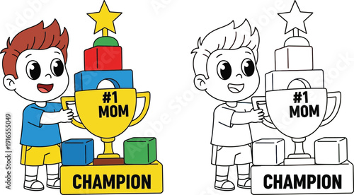 Adorable Boy Celebrating Number 1 Mom with a Champion Trophy and Blocks Colorful and Outline Versions