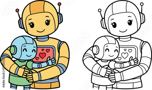 Adorable Robot Mother Cuddling Her Baby Robot Cute Family Love Colorful and Outline Versions