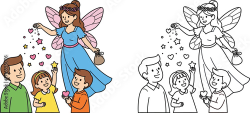Benevolent Fairy Sharing Stardust and Hearts with Happy Children Colorful and Outline Versions for Coloring Fun