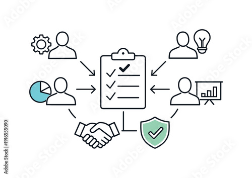 Clear collaboration structure and role clarity in a professional team workflow highlighting organization, multiple user icons connected to a central