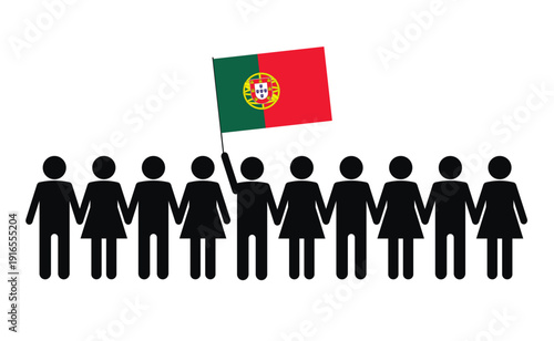 Sketch of a crowd and a leader with the flag of Portugal.