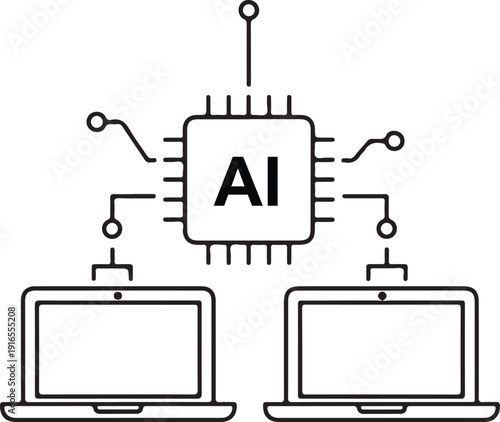 An artificial intelligence CPU chip connected to two laptop computers, representing a distributed AI system network.