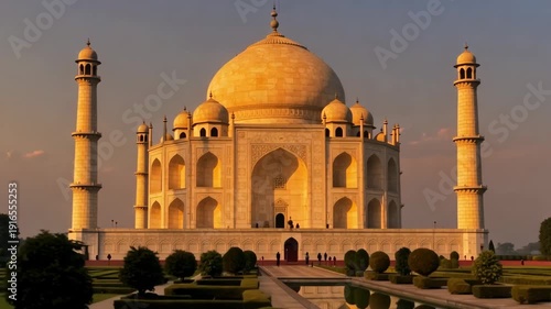 Taj mahal at golden hour in agra india majestic mughal architecture and landscaped gardens reflecting in water a travel destination