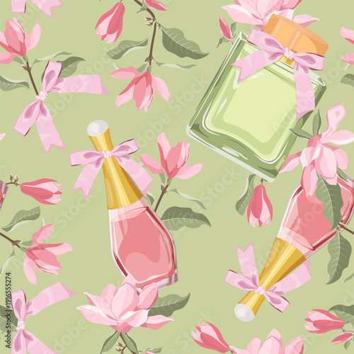 Seamless vector illustration featuring magnolia flowers and a perfumery bottle against a green backdrop. Suitable for decorating textiles, packaging, and wallpaper.