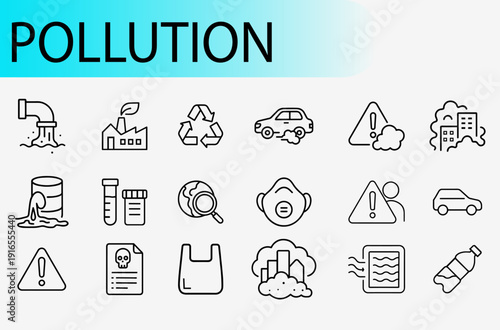 Pollution and environmental ecology icon set, thin line symbols for air quality carbon footprint recycling toxic waste and climate change vector illustration