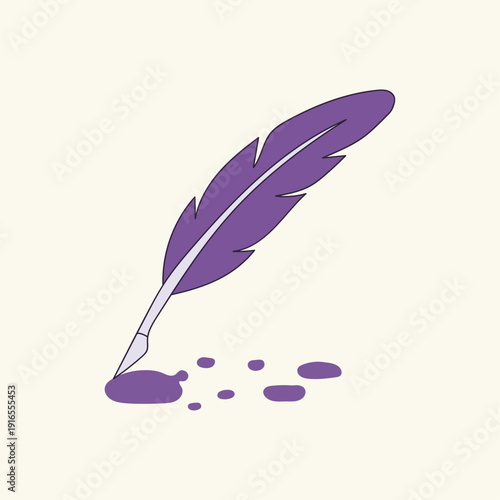 Purple Quill Pen Writing with Ink Splatters and Drops