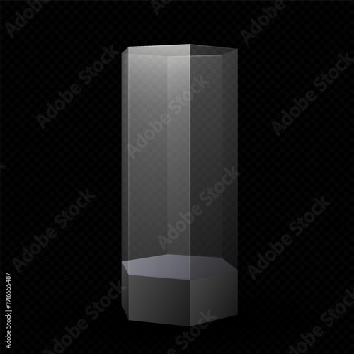 3d glass transparent clear podium on stand, vector exhibition display hexagon box, pedestal with protective plexiglass
