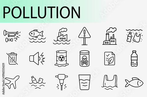 Pollution and environmental damage icon set, thin line symbols for air water noise and plastic pollution global warming and toxic waste vector illustration