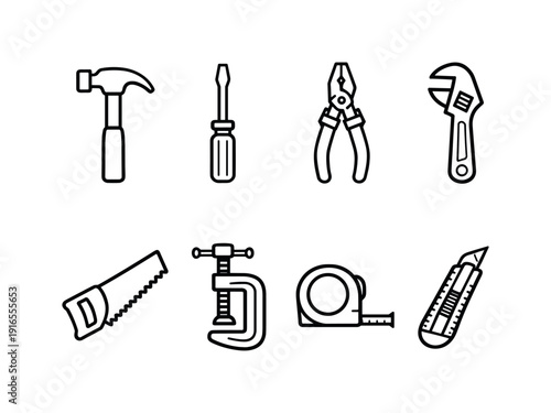 Home workshop hand tools: hammer, screwdriver, pliers, adjustable wrench, hand saw, clamp, tape measure, utility knife