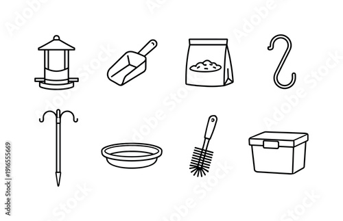 Home bird feeding accessories: bird feeder, seed scoop, seed bag, hanging hook, feeder pole, water dish, cleaning brush, storage bin