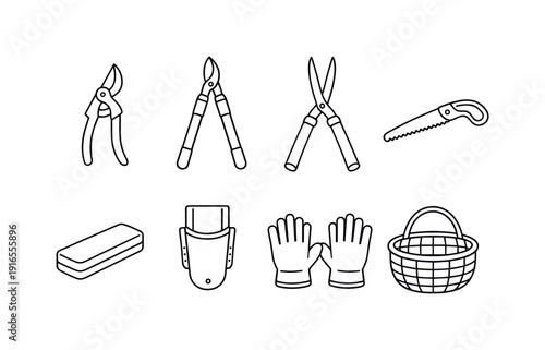 Garden pruning set: pruning shears, lopper, hedge shears, hand saw, sharpening stone, tool holster, work gloves, collection basket