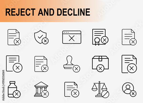 Reject and decline icon set, thin line symbols for negative feedback order cancellation document refusal and prohibited actions vector illustration