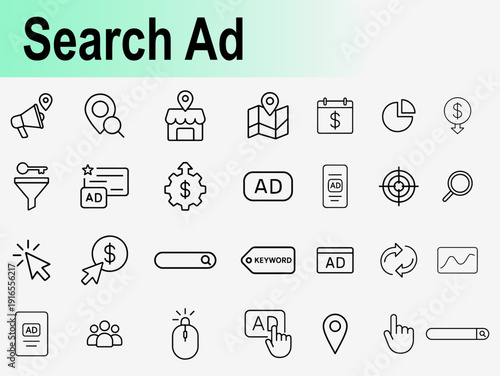 Search ad and digital marketing icon set, thin line symbols for pay per click advertising seo strategy keyword research and online promotion vector illustration