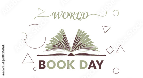 World Book Day vector illustration with open book and geometric shapes.