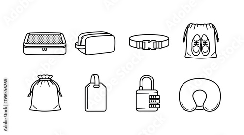 Travel packing accessories: packing cube, toiletry bag, compression strap, shoe bag, laundry pouch, luggage tag, travel lock, neck pillow