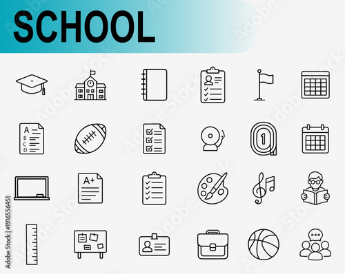School and education icon set, thin line symbols for university learning graduation classroom supplies and academic study vector illustration