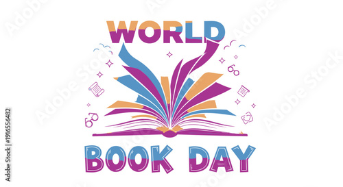 World Book Day colorful logo vector, book with feather and music notes, celebrating reading. Includes open book, quill, confetti. Created in vibrant style with rainbow palette.