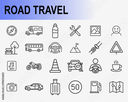 Road travel and transportation icon set, thin line symbols for car trip tourism highway driving and outdoor adventure vector illustration
