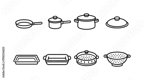 Home kitchen cookware set: frying pan, saucepan, stockpot, lid, baking tray, roasting dish, steamer basket, colander