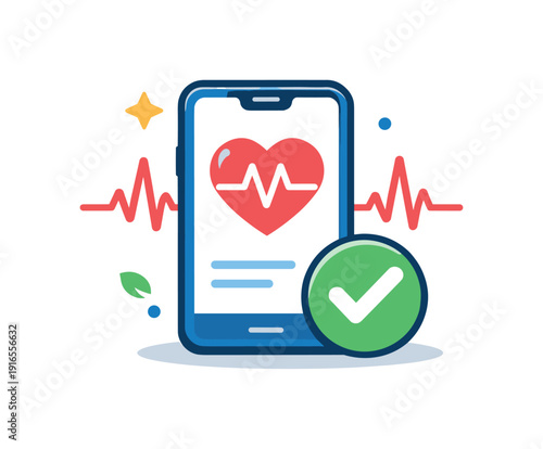 Personal health tracking and wellness improvement through technology, a smartphone screen paired with a heart rate line and a checkmark symbolizing