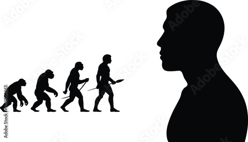 Human evolution silhouette illustration, primate to modern man, evolutionary stages, anthropology concept, science artwork, prehistoric history, Homo sapiens profile, progress