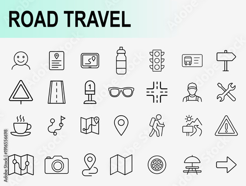 Road travel and transportation icon set, thin line symbols for navigation map trip planning tourism and outdoor adventure vector illustration