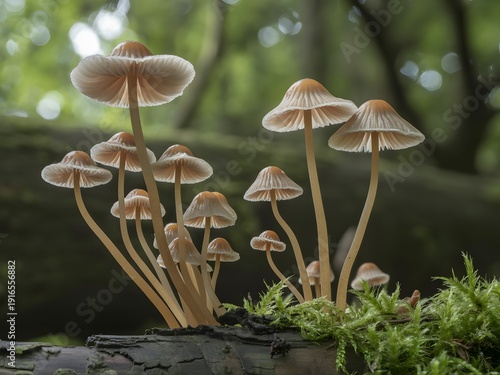 Cluster of mushrooms growing in a forest mossy ground