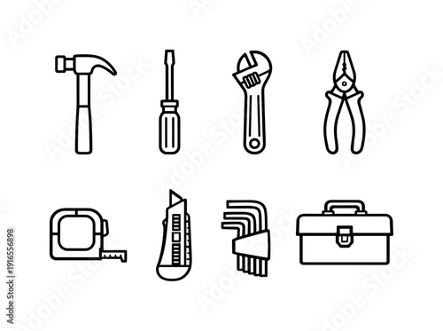 Home toolbox essentials: hammer, screwdriver, adjustable wrench, pliers, tape measure, utility knife, hex key, tool box