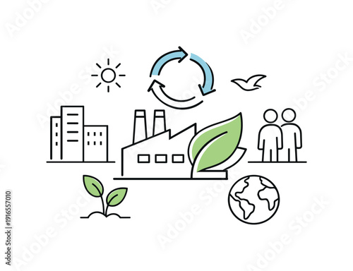 Sustainable business practices and responsible operations in a modern corporate setting highlighting environmental awareness, a factory icon combined