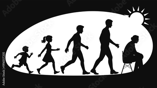 Human life cycle silhouette illustration, aging stages concept, childhood to elderly progression, black and white artwork, symbolic passage of time