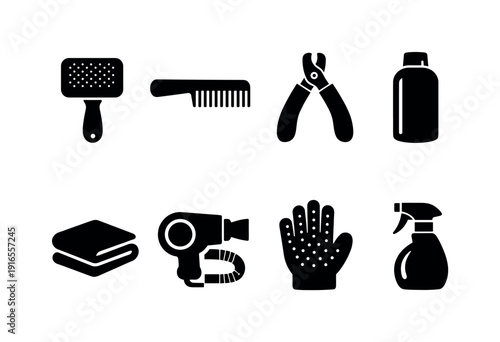 Home pet grooming tools: grooming brush, pet comb, nail clipper, shampoo bottle, towel, drying blower, grooming glove, spray bottle