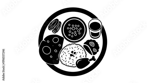 Black and white food plate illustration.