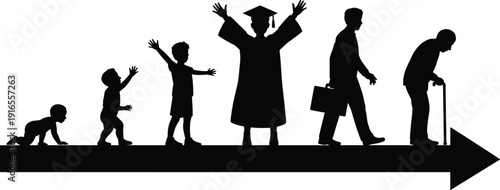 Human life cycle silhouette from baby to senior, education graduation career journey, aging process, growth timeline, success concept illustration