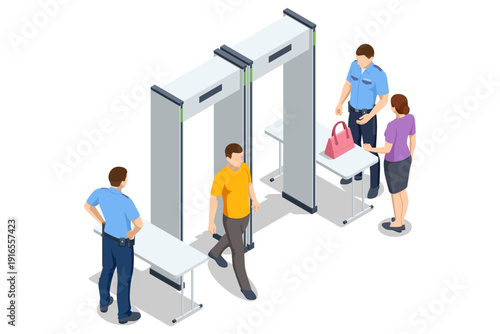 Metal detector. Isometric airport security control with metal detector gate and passenger inspection. Guard check bag on table. Safety screening concept, access control and protection system.