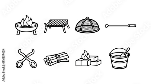 Camping fire gear: fire pit, fire grate, spark screen, fire poker, log tong, kindling bundle, fire starter block, ash bucket