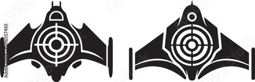 Futuristic spaceship silhouette icons featuring integrated target reticle design with sleek aerodynamic wings on transparent checkered backgrounds