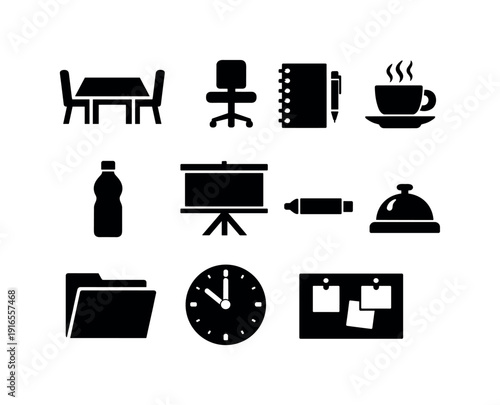 Warranty administration review and coordination meeting items in silhouette style: meeting table, chair, notebook, pen, coffee cup, water bottle
