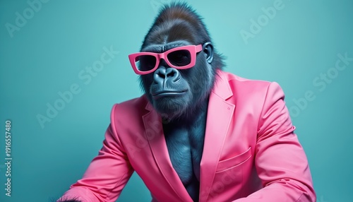 Gorilla in pink suit and sunglasses. Playful primate poses in studio with teal background. Fun, quirky, and modern portraiture. Animal subject with human attire.