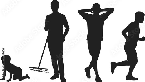 Human life stages silhouette set, baby crawling, child running, adult relaxing, man gardening, daily activity poses, lifestyle collection