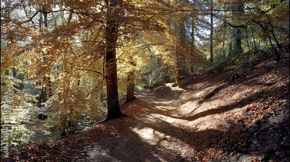 Obraz premium narrow. Narrow forest path with autumn leaves and dappled sunlight. representing seasonal cycles and harvest abundance, travel magazines, designed for travel destination branding. 