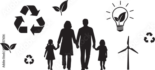 Family silhouette walking among ecology symbols recycling leaves wind turbine light bulb vector