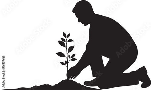 Gardener planting seedling vector illustration silhouette line art on soil