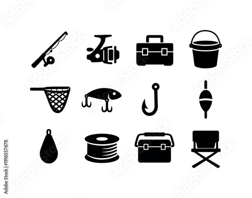 Outdoor fishing gear: fishing rod, reel, tackle box, bait bucket, fishing net, lure, hook, float, sinker, fishing line spool, cooler box, folding