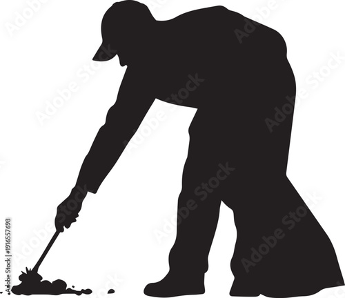 Gardener silhouette vector illustration digging soil with small hand tool environmental work