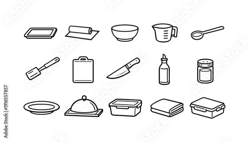 Home roasted sweet potato wedges tools: baking tray, parchment paper, mixing bowl, measuring cup, measuring spoon, spatula, cutting board, chef knife